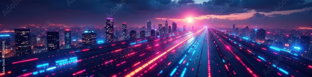 Sleek futuristic cityscape backdrop with binary data streams and business symbols , advancement, cloud computing Sleek futuristic cityscape backdrop with binary data streams and business symbols , advancement, cloud computing