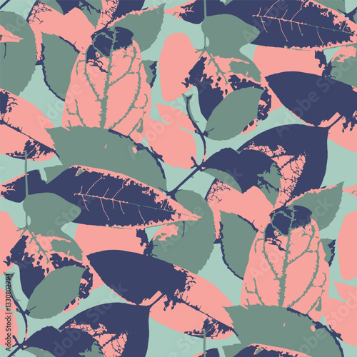 Seamless pattern with dry herbarium leaves in bold vivid colors. Cottagecore foliage wallpaper. Boho botanical texture. Ecological and natural design.