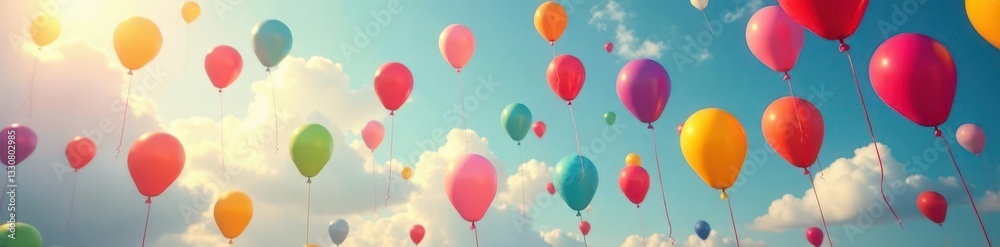Multicolored balloons ascend in a cheerful, textured scene , glossy, light Multicolored balloons ascend in a cheerful, textured scene , glossy, light