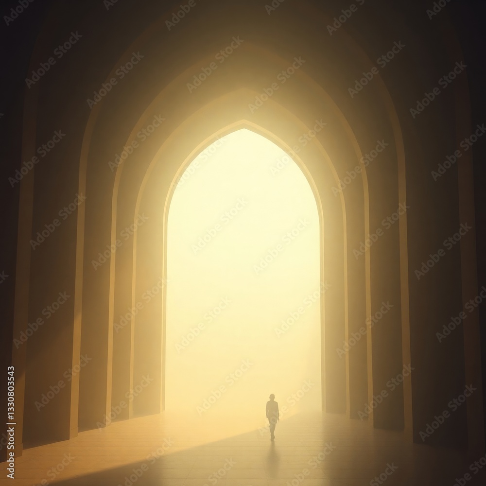 Fototapeta premium Generative AI Man Walks Toward Bright Light Tunnel tunnel arches light person walking architecture golden corridor hallway man hope future pathway journey inspiration - Perfect for