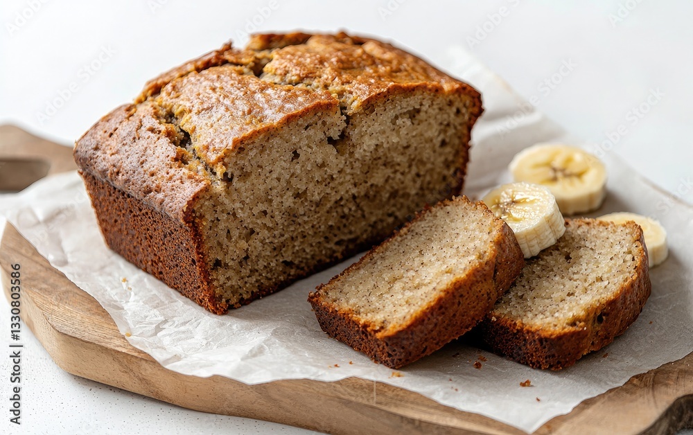 Freshly Baked Banana Bread Loaf on Rustic Wooden Board Freshly Baked Banana Bread Loaf on Rustic Wooden Board