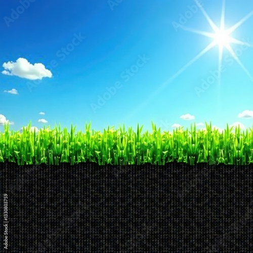 Patch of lush grass and dark soil set against a brilliant azure sky , ground, picture photo