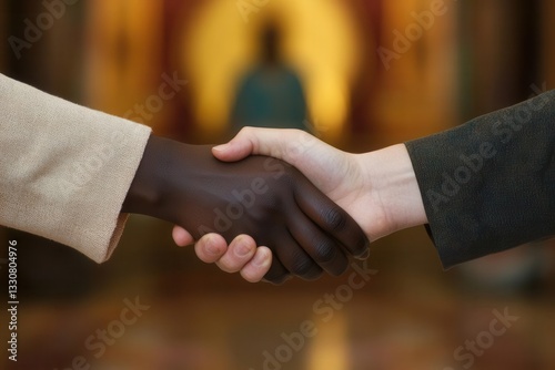 Interfaith Unity Handshake in a Historic Church Celebrating Diversity Mutual Respect and Shared Spiritual Heritage photo
