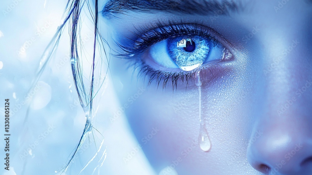Fototapeta premium Close-up of a woman's eye with a single tear rolling down her cheek, ethereal blue tone.