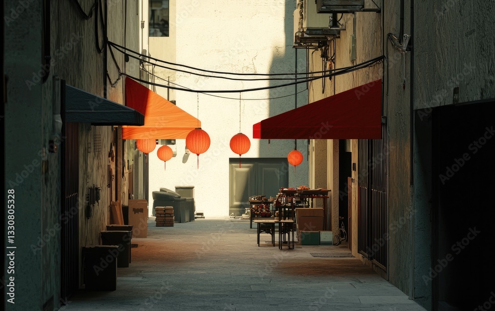 Fototapeta premium Empty Alley With Red Awnings And Lanterns