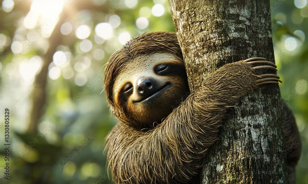 Cute sloth hanging on a tree branch in lush green forest background 3d cartoon with ai generated.