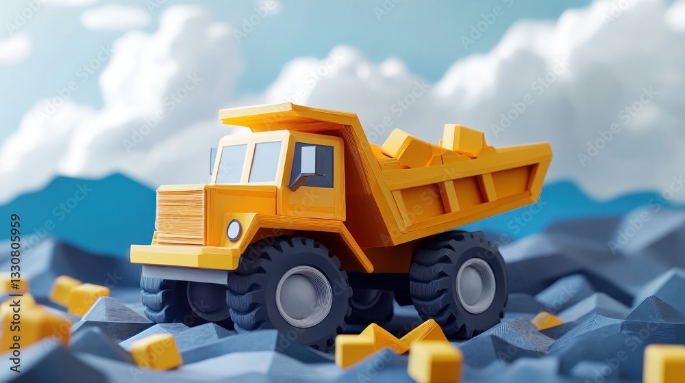 A playful toy dump truck carrying small cubes in paper art style. A paper art Style 3d A playful toy dump truck carrying small cubes in paper art style. A paper art Style 3d