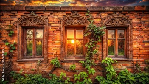 Golden Sunset Reflected in Ornate Windows of an Old Brick Building with Lush Greenery
