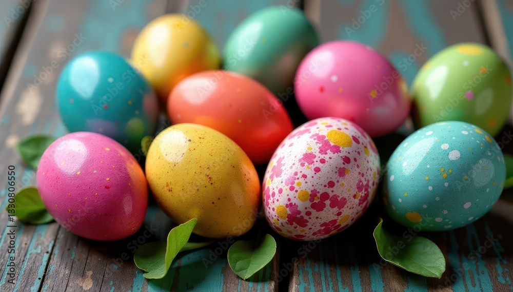 Speckled & dyed Easter eggs arranged on aged wooden surface, design, texture Speckled & dyed Easter eggs arranged on aged wooden surface, design, texture