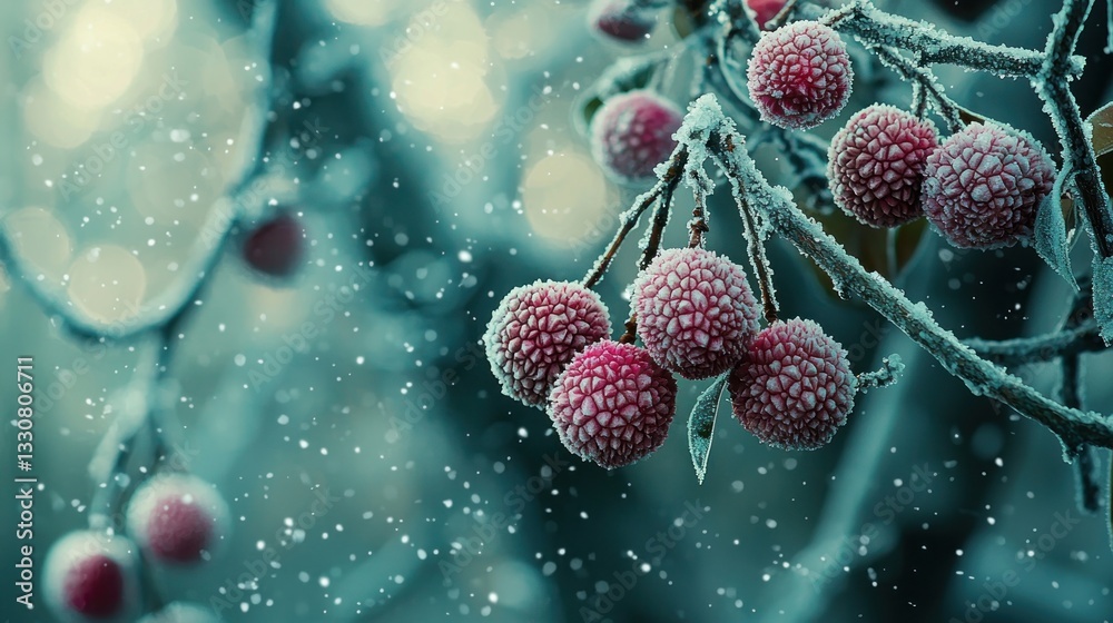 Frost-covered berries on a branch in winter snowfall. Frost-covered berries on a branch in winter snowfall.