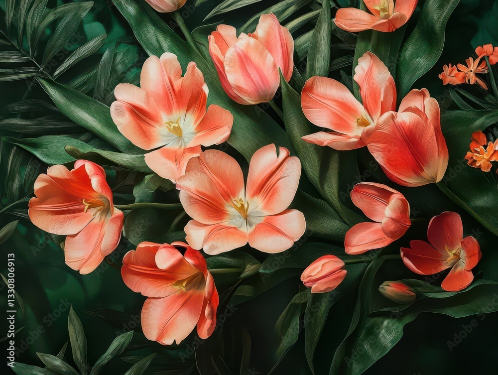 Fototapeta premium Lush Tulip Bouquet Set Against a Vibrant Green Backdrop Radiating Freshness and Natural Elegance in a Modern Floral Display