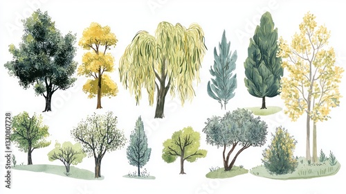 Watercolor painting of various trees.