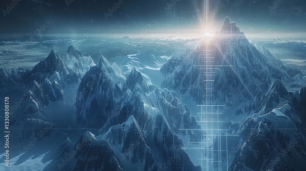 Snow-Covered Mountains with Futuristic Digital Elements at Sunrise Snow-Covered Mountains with Futuristic Digital Elements at Sunrise