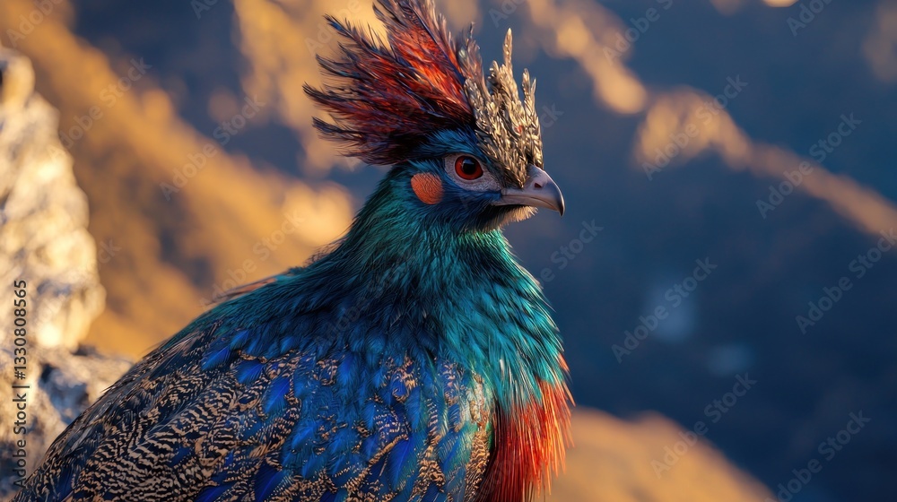 Fototapeta premium Vibrant Himalayan Monal pheasant perched on a rock, sunset background.