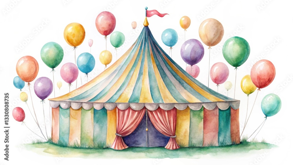 A whimsical watercolor painting of a vibrant striped circus tent, surrounded by a cluster of colorful balloons, evoking a sense of festive joy and childlike wonder. A whimsical watercolor painting of a vibrant striped circus tent, surrounded by a cluster of colorful balloons, evoking a sense of festive joy and childlike wonder.