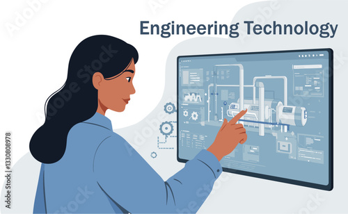 Professional female engineering applying advanced technology in holographic interface display