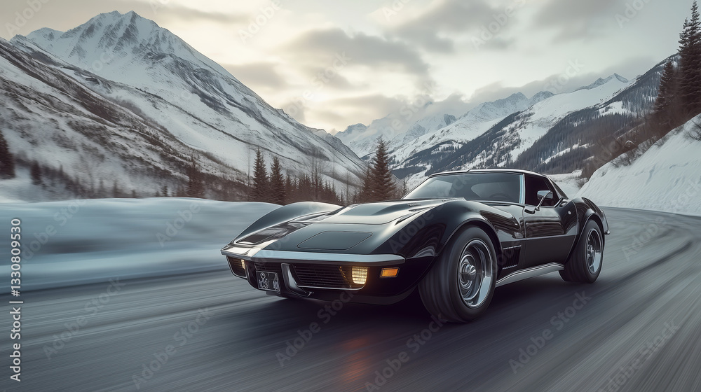 Naklejka premium Black sports car speeding on a snowy mountain road.