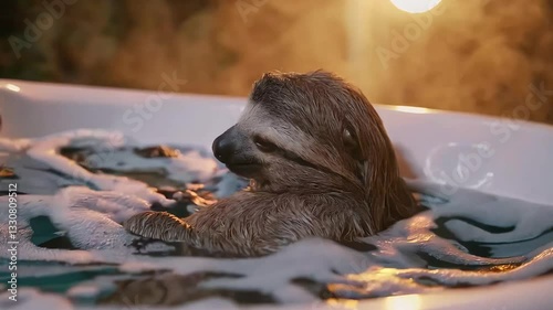 Adorable sloth lounging in a hot tub surrounded by warm steam and soft lighting.