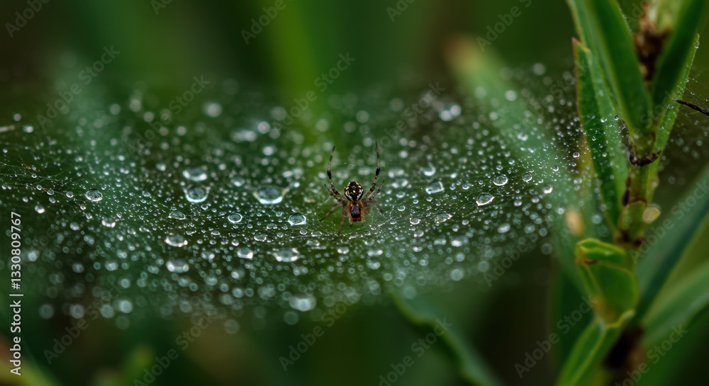 A Tiny Spider on a Dew-Kissed Web in a Lush Green Meadow: A Macro Photography Marvel A Tiny Spider on a Dew-Kissed Web in a Lush Green Meadow: A Macro Photography Marvel