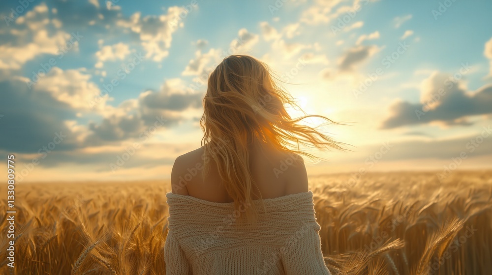 Obraz premium Woman in a field at sunset.
