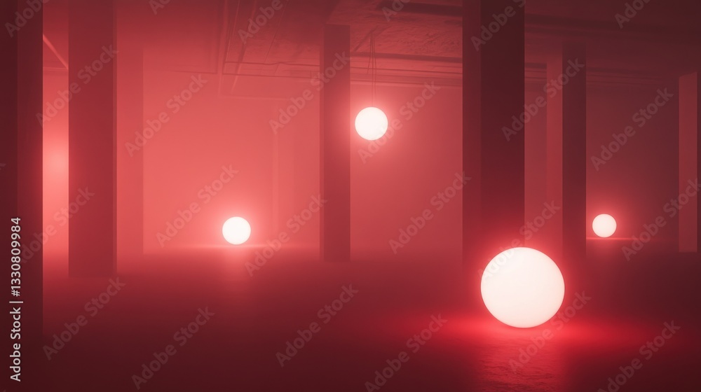 Glowing spheres illuminate a room with large concrete columns and a red hue Glowing spheres illuminate a room with large concrete columns and a red hue
