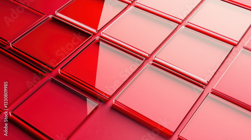 Red Glass Panels and Sheets in Angular Pattern on the Right Side with Transparent Texture, Red and White Gradient, and Smooth Light Reflections Against a Red Background