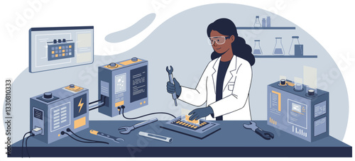 Female scientist working on new technological batteries in lab. Minimalist flat style vector