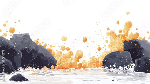 Digital illustration depicting an abstract volcanic eruption.  The image features dark grey/black rocks on either side of a central area where bright orange, glowing, lava-like substance erupts and