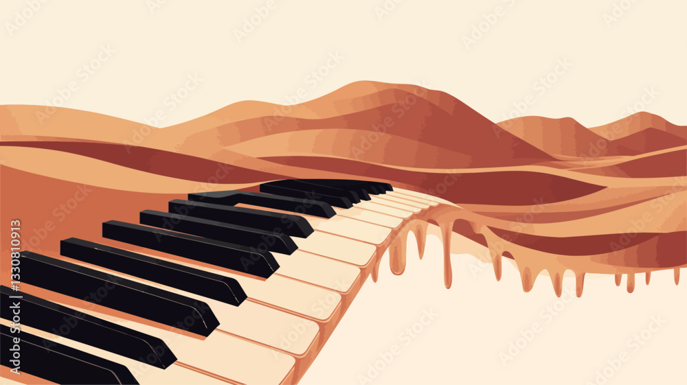 Digital illustration depicting a piano keyboard partially submerged and melting into a stylized desert landscape. The keys are rendered with sharp detail against a smooth, flowing background of