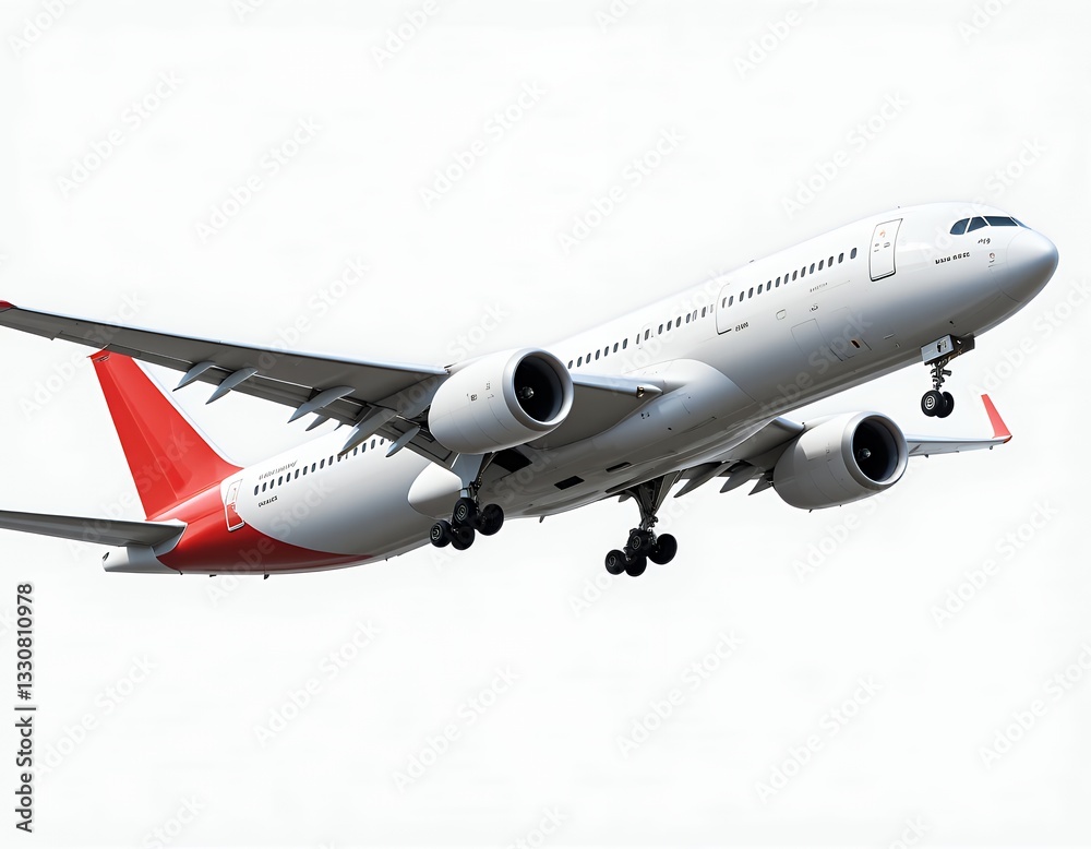 Fototapeta premium Commercial Aircraft Landing Gear Extended on Approach, Isolated Clear Sky Background