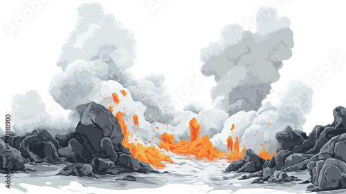 Digital illustration depicting a volcanic eruption.  The image shows a stylized representation of a volcano with dark grey and black rock formations from which bright orange lava flows.  Thick grey