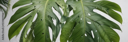Close-up of single Monstera deliciosa leaf with unique holes and tears on a bright white background,  tear,  closeup,  detail