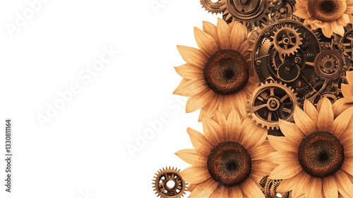 The image presents a digital illustration or graphic design. It features a cluster of sunflowers on the right side, partially overlapping with a scattering of intricately detailed gears and cogs.