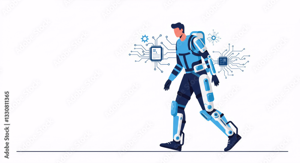 Obraz premium Man in robotic exoskeleton suit with digital interface. Futuristic medical technology for rehabilitation. Bionic augmentation and human enhancement concept