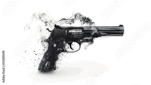 A monochrome image depicting a revolver handgun seemingly disintegrating or dissolving into particles of smoke or dust. The effect is primarily abstract, focusing on the visual texture and decay of