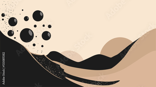 The image is a digital illustration featuring an abstract design.  It depicts stylized waves in black and beige/cream colors.  Black bubbles of varying sizes are depicted rising from the dark wave.
