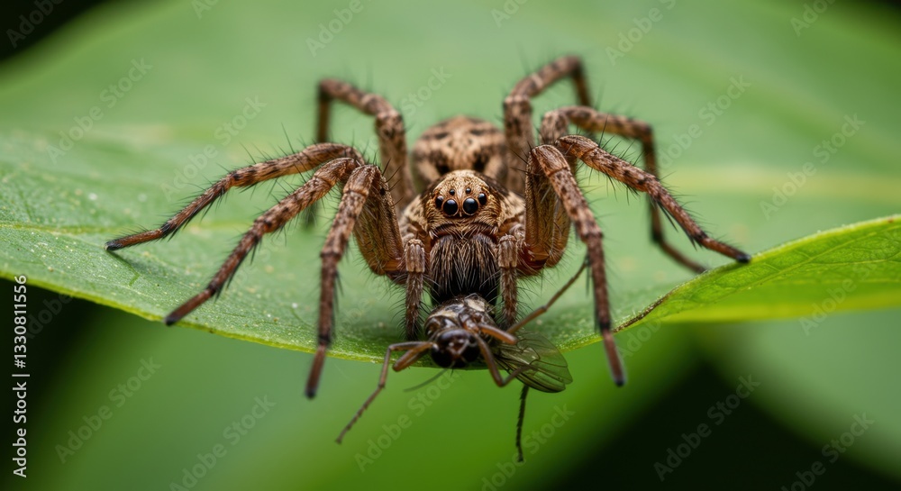 Fototapeta premium Macro Photography of a Wolf Spider Devouring its Prey on a Lush Green Leaf in a Natural Habitat