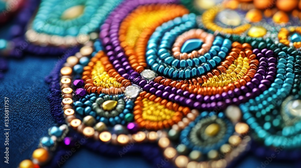 A colorful beaded embroidery featuring swirling designs and intricate patterns A colorful beaded embroidery featuring swirling designs and intricate patterns