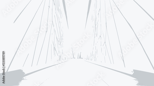 The image is a high-key, close-up shot of a white, geometric structure. The structure appears to be composed of numerous thin, straight lines converging towards a central vanishing point.  The