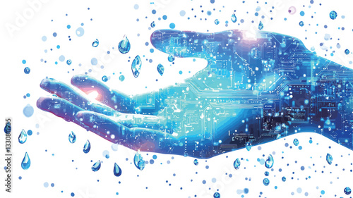 An abstract digital illustration depicting a hand rendered in shades of blue and white, seemingly composed of glowing particles or light.  Water droplets surround the hand, giving the impression of