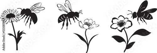 Silhouette of a bee hovering over a flower vector silhouette