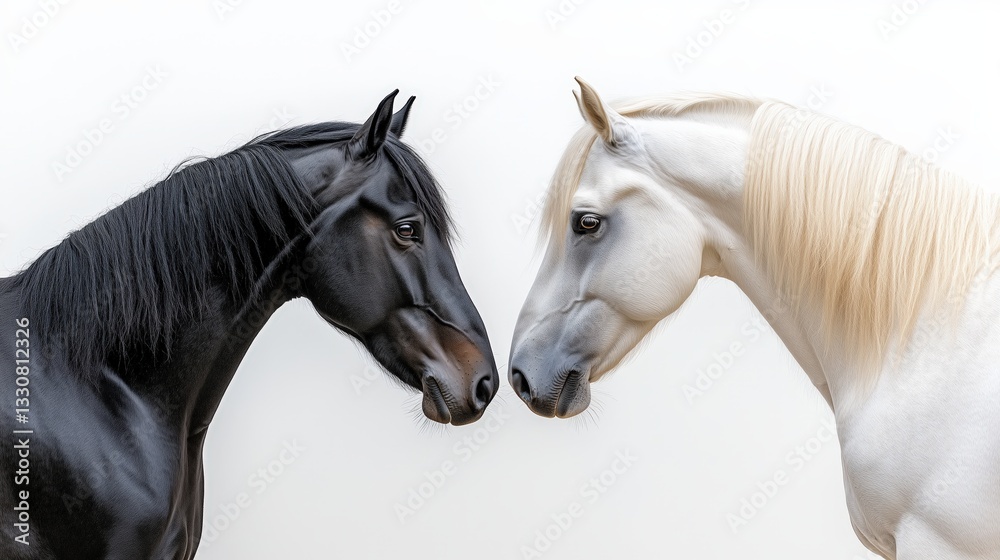 Naklejka premium Two horses, black and white, side by side.