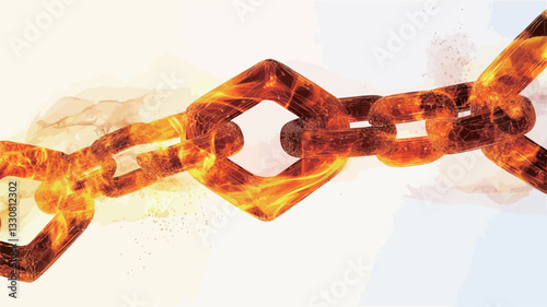 Close-up shot of a chain with links appearing to be engulfed in flames or intense heat. The background is bright white, providing a high contrast to the fiery orange and red hues of the chain.  The