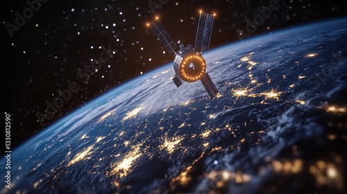 A satellite orbiting Earth with tiny blinking lights. A paper art Style 3d 