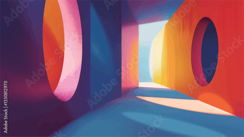 The image depicts a digitally rendered abstract architectural space.  The scene is dominated by a corridor with walls and forms in bold, saturated colors including various shades of blue, orange,