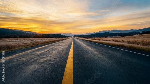 Golden horizon on the road ahead, 2026 marked on the asphalt, journey into the future