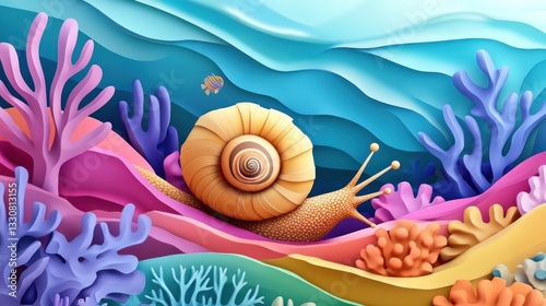 A sea snail crawling along a colorful coral reef. A paper art Style 3d 