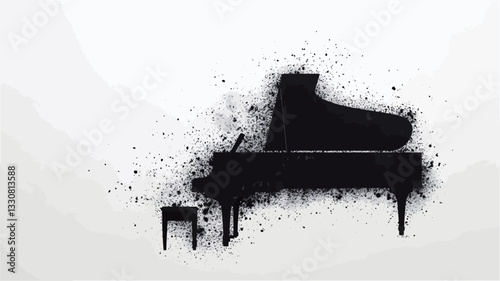 The image is a monochrome graphic representation of a grand piano.  The piano is depicted as a black silhouette against a white background. The silhouette is created using a spray paint technique,