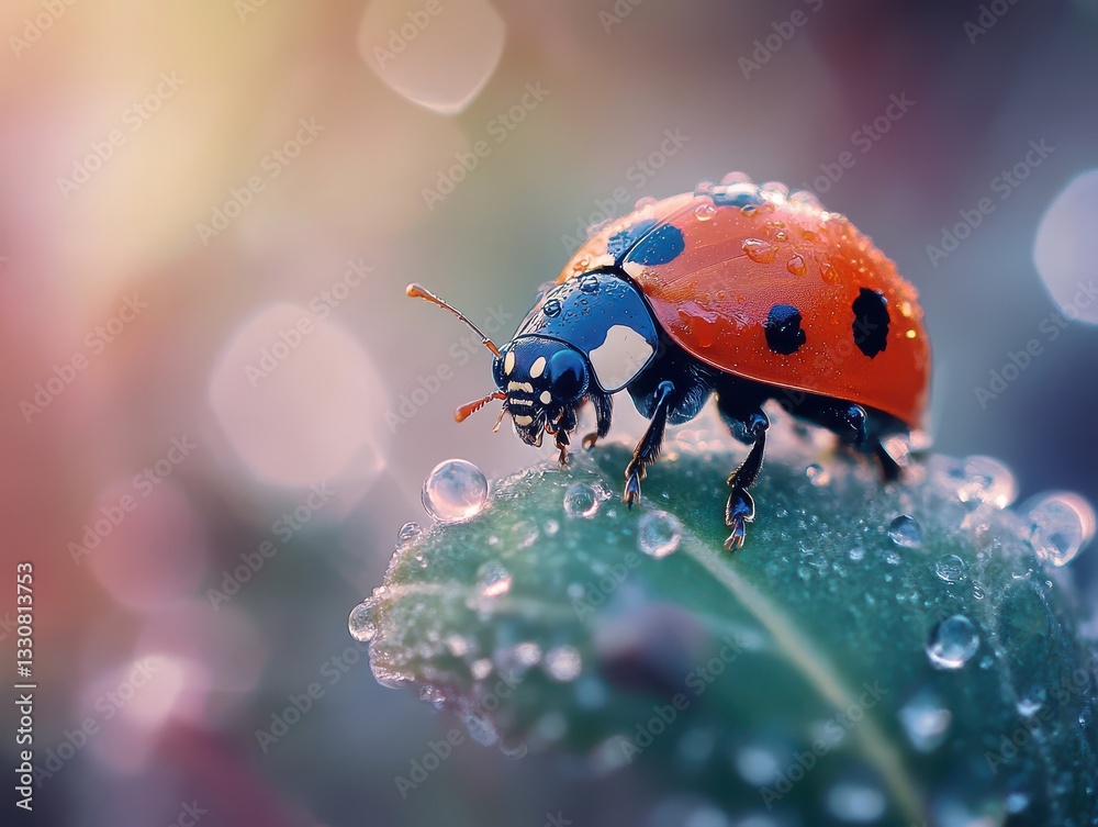 Fototapeta premium Lady bug on a leaf filled with dew
