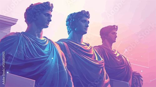 Close-up view of three classical-style male busts or statues. The statues are rendered in shades of vibrant pink, purple, and blue, with a neon-like effect.  They appear to be made of a smooth,